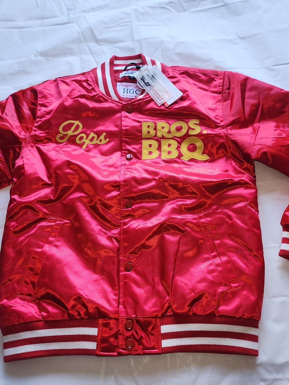Nostalgia CO. Pops Bros. BBQ Red Satin Bomber Jacket YOUTH KIDS BOYS SZ LARGE